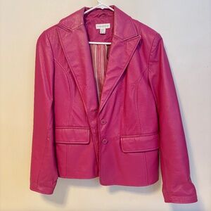 Worthington Genuine Leather Collared Two Button Blazer Jacket Hot Pink Womens L